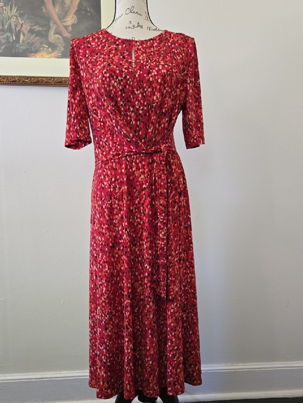 London Times Red Multi-Print Midi Dress with Tie Waist